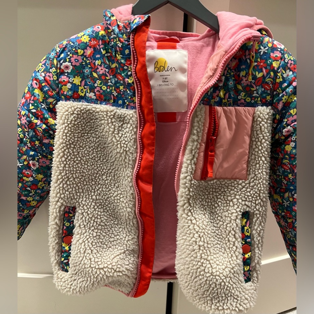 Mini Boden Girls Faux Fur & Floral Hooded jacket 7-8